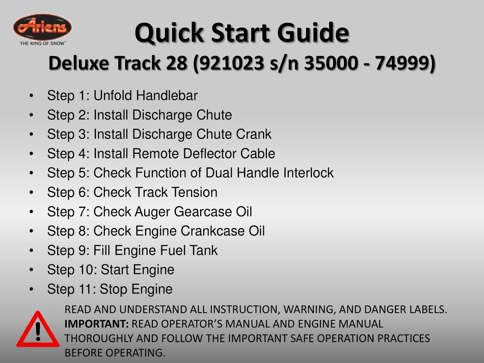 Ariens Deluxe Track Quick Start Manual Pdf Download Manualslib