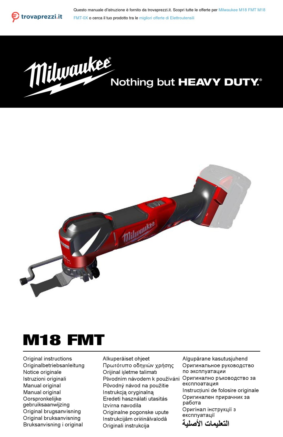 MILWAUKEE HEAVY DUTY M18 FMT0X ORIGINAL INSTRUCTIONS MANUAL Pdf
