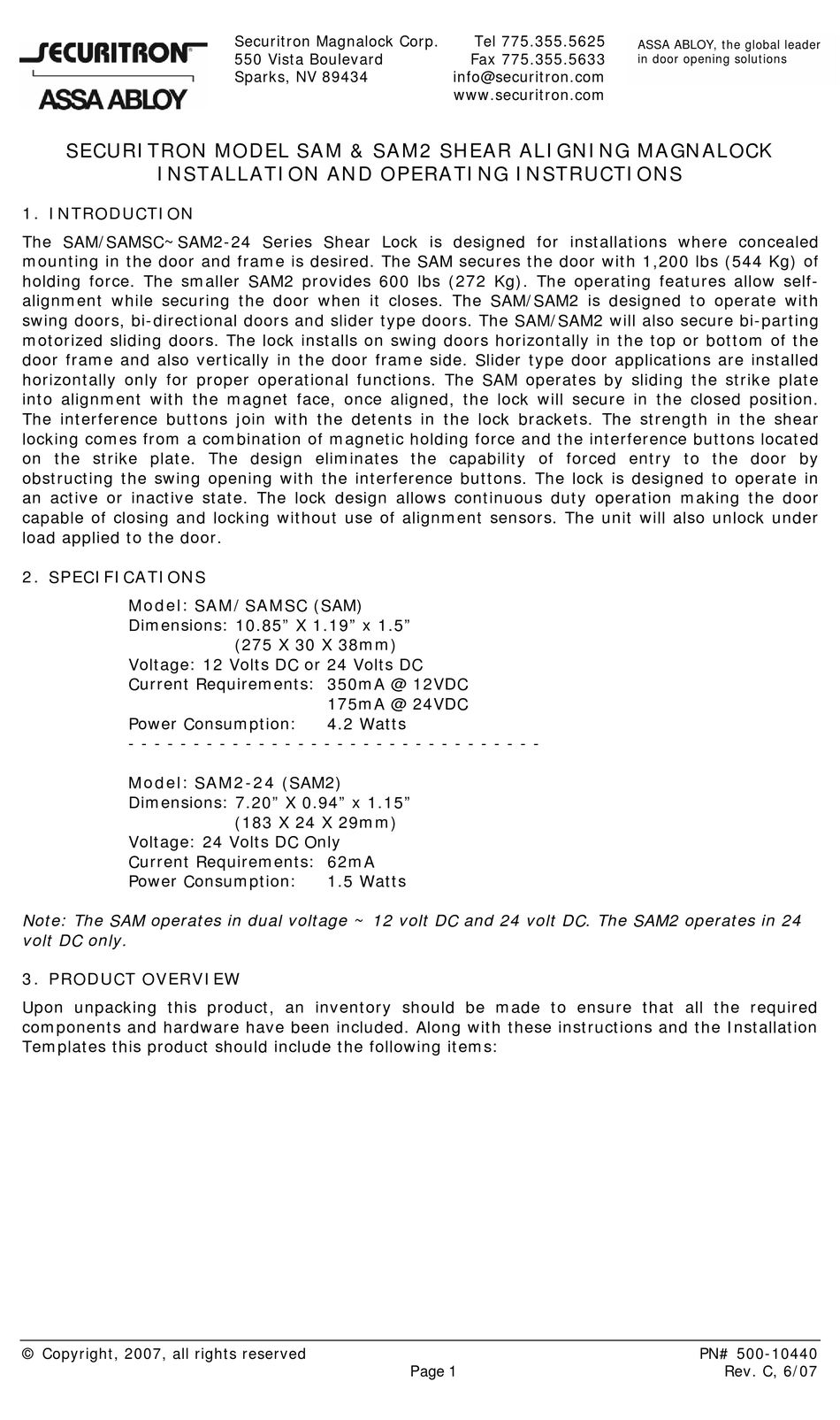 SECURITRON ASSA ABLOY SAM INSTALLATION AND OPERATING INSTRUCTIONS ...