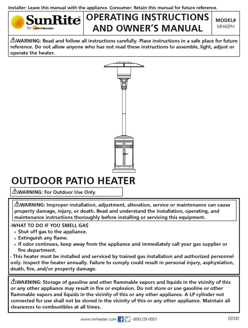 MR. HEATER SUNRITE MH48PH OPERATING INSTRUCTIONS AND OWNER