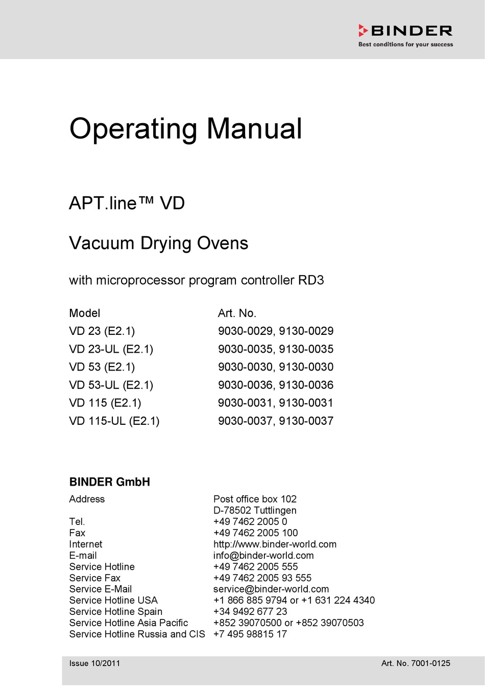 BINDER APT.LINE VD OPERATING MANUAL Pdf Download ManualsLib