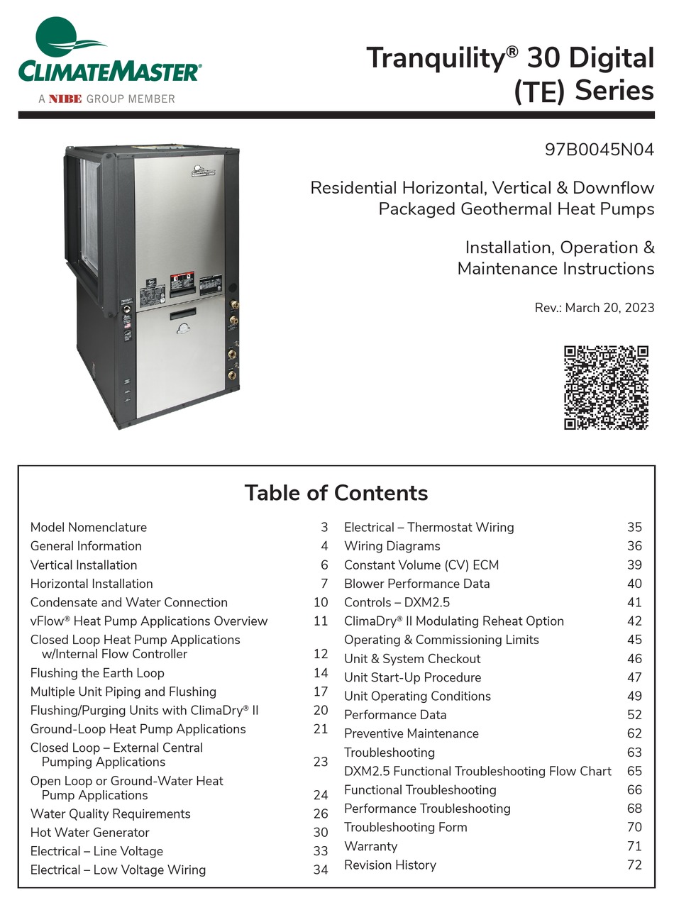 NIBE CLIMATEMASTER TRANQUILITY 30 DIGITAL SERIES INSTALLATION