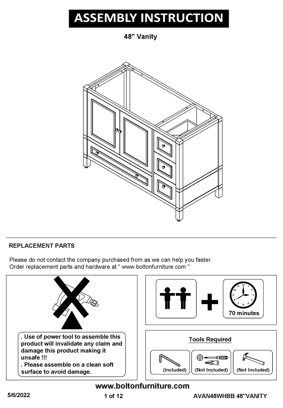 BOLTON FURNITURE AVAN48WHBB ASSEMBLY INSTRUCTIONS MANUAL Pdf Download