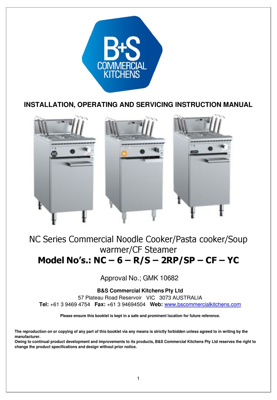 B+S NC SERIES INSTALLATION, OPERATING AND SERVICING INSTRUCTION MANUAL ...