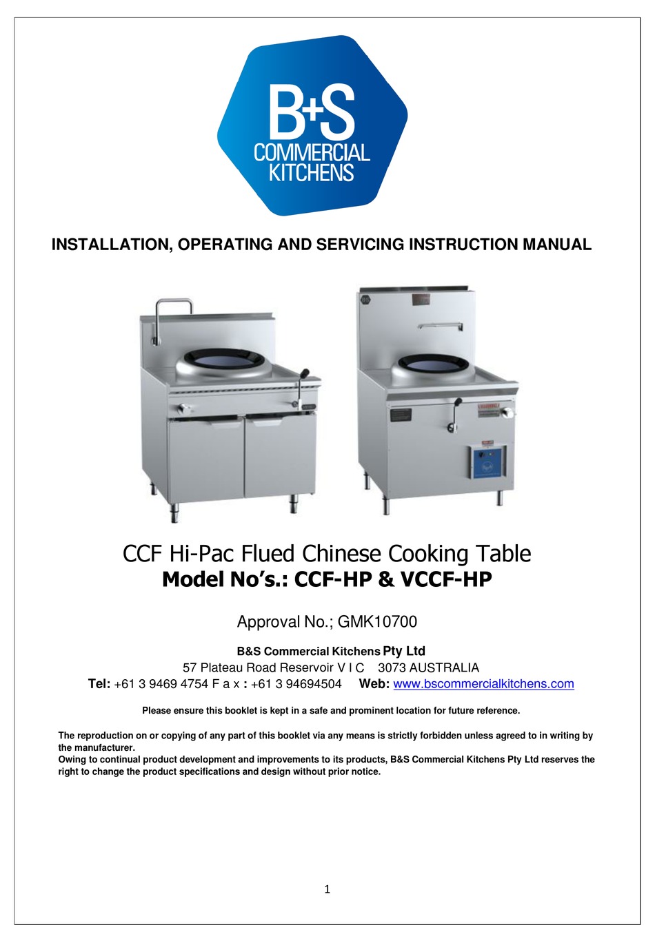 B+S CCF SERIES INSTALLATION, OPERATING AND SERVICING INSTRUCTION MANUAL ...