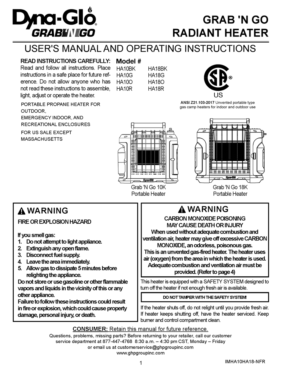 DYNAGLO GRAB 'N GO HA10BK USER'S MANUAL AND OPERATING INSTRUCTIONS Pdf