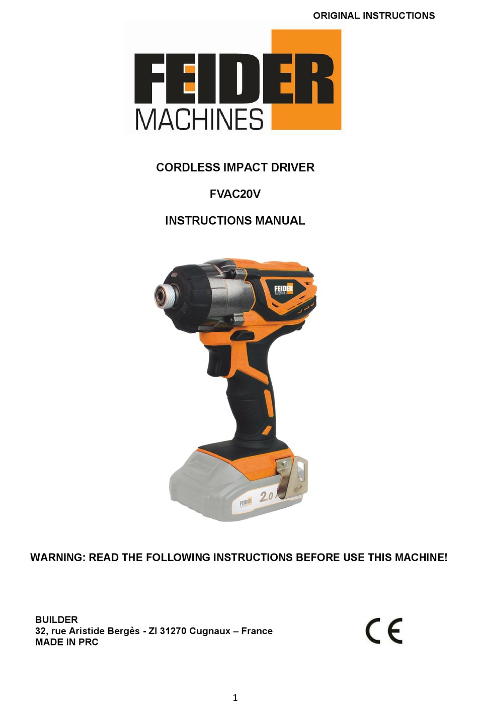 FEIDER MACHINES FVAC20V INSTRUCTION MANUAL Pdf Download | ManualsLib