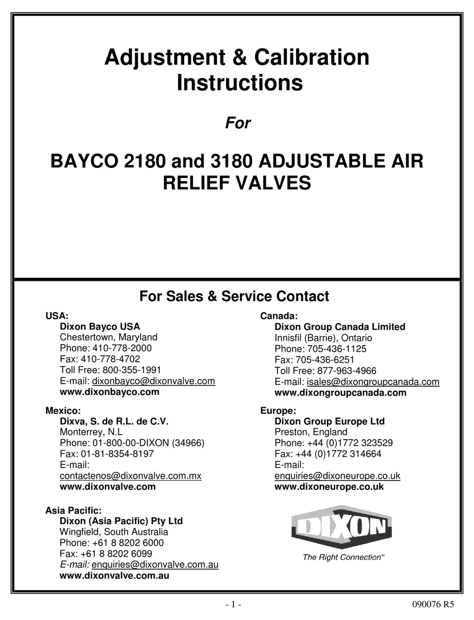 DIXON BAYCO 2180 ADJUSTMENT & CALIBRATION INSTRUCTIONS Pdf Download