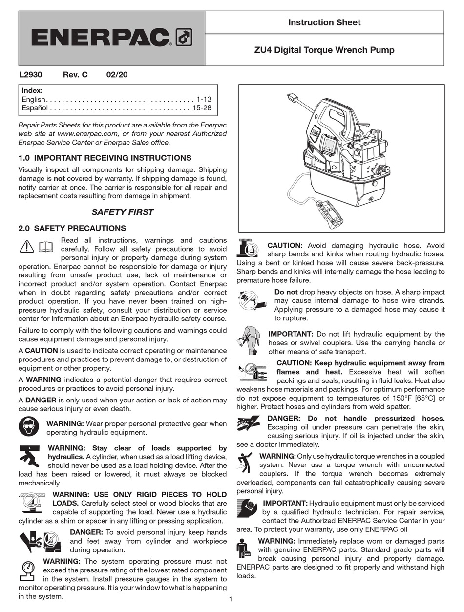 Enerpac Zu4 Instruction Sheet Pdf Download Manualslib