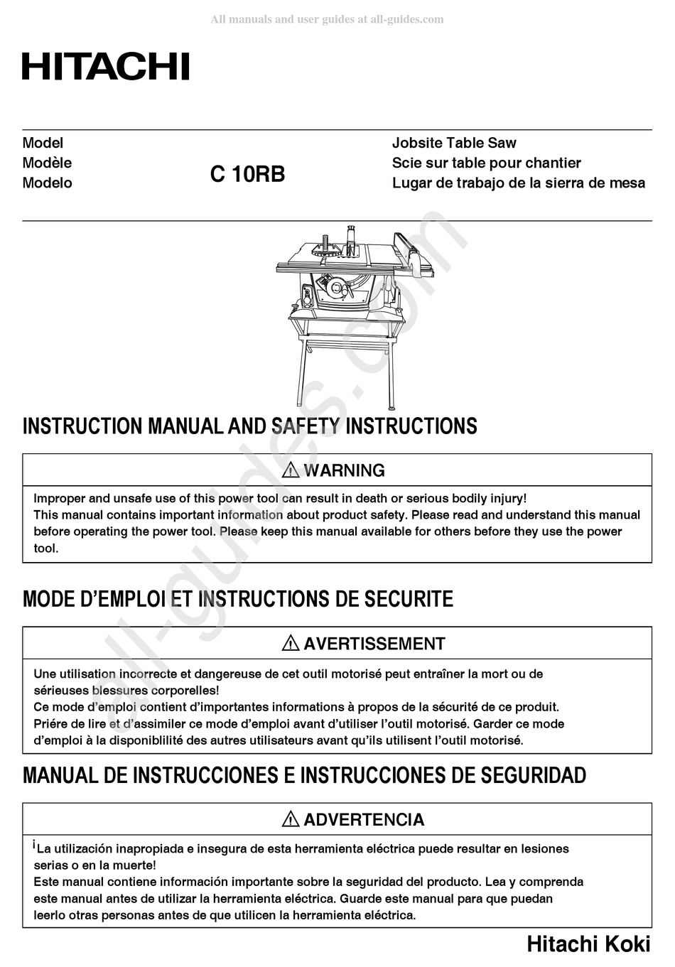 HITACHI KOKI C 10RB INSTRUCTION MANUAL AND SAFETY INSTRUCTIONS Pdf