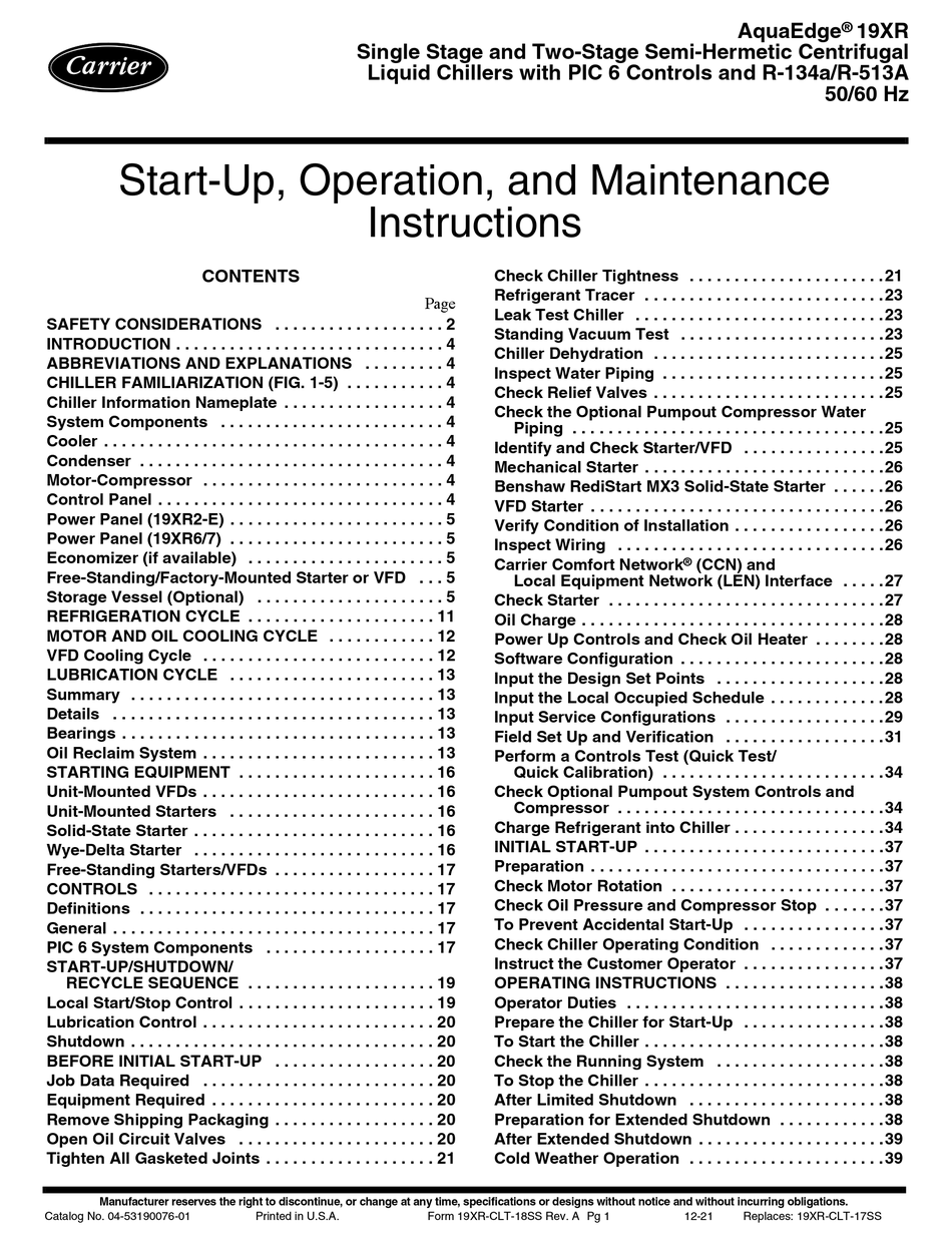 CARRIER AQUAEDGE 19XR STARTUP, OPERATION AND MAINTENANCE INSTRUCTIONS