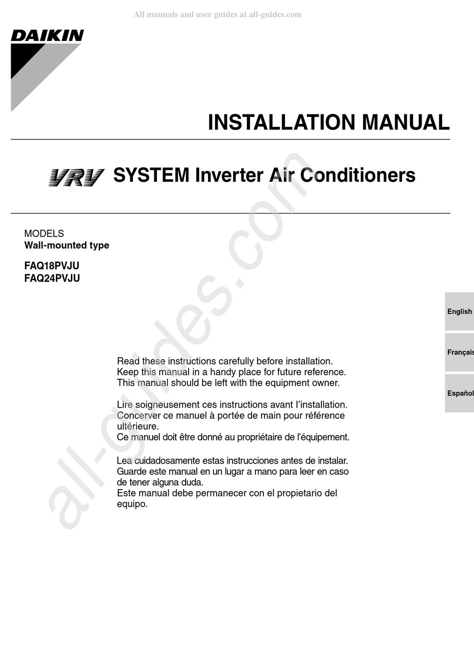 DAIKIN VRV FAQ18PVJU INSTALLATION MANUAL Pdf Download | ManualsLib