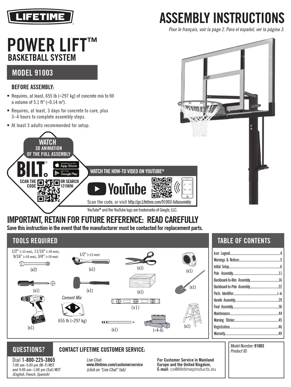 LIFETIME POWER LIFT 91003 ASSEMBLY INSTRUCTIONS MANUAL Pdf Download