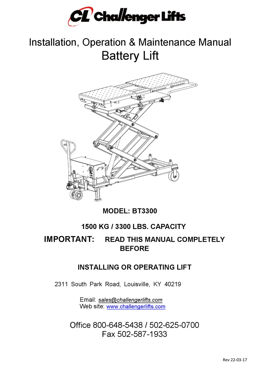 CHALLENGER LIFTS BT3300 INSTALLATION, OPERATION & MAINTENANCE MANUAL