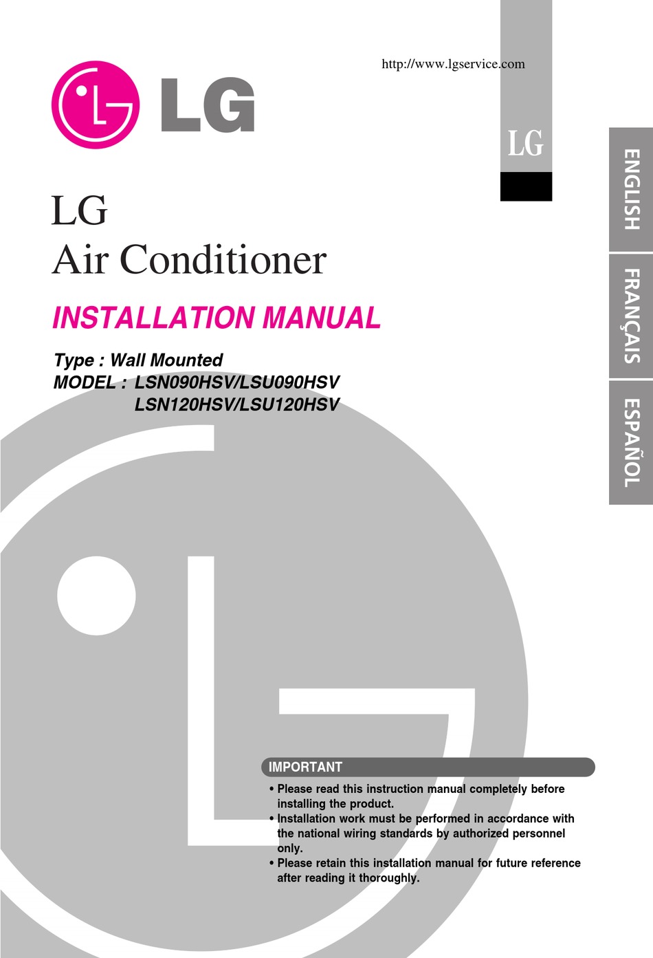 LG LSN120HSV INSTALLATION MANUAL Pdf Download ManualsLib