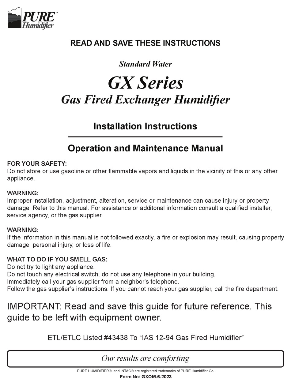 PURE HUMIDIFIER GX SERIES INSTALLATION INSTRUCTIONS MANUAL Pdf Download