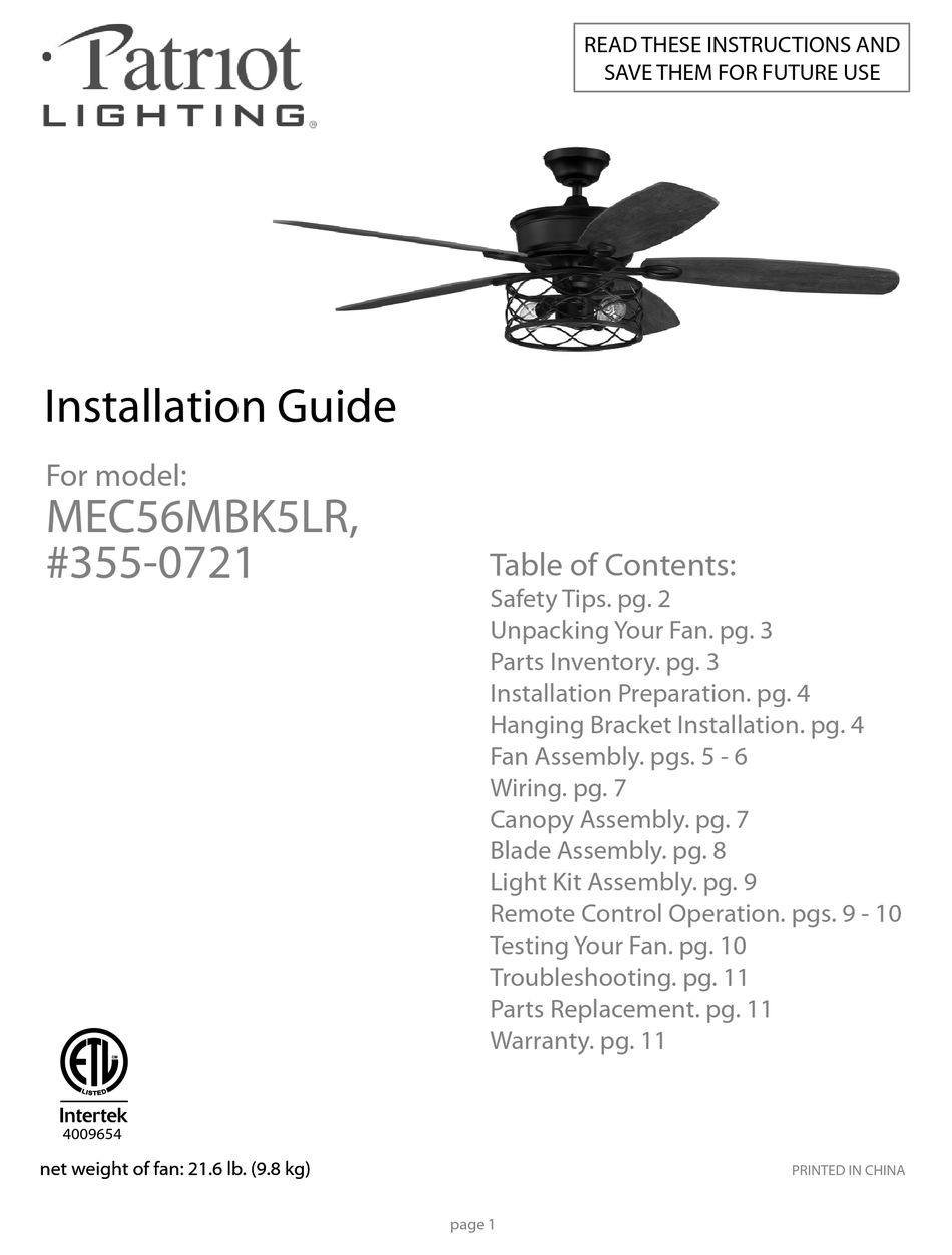 PATRIOT LIGHTING MEC56MBK5LR INSTALLATION MANUAL Pdf Download ManualsLib