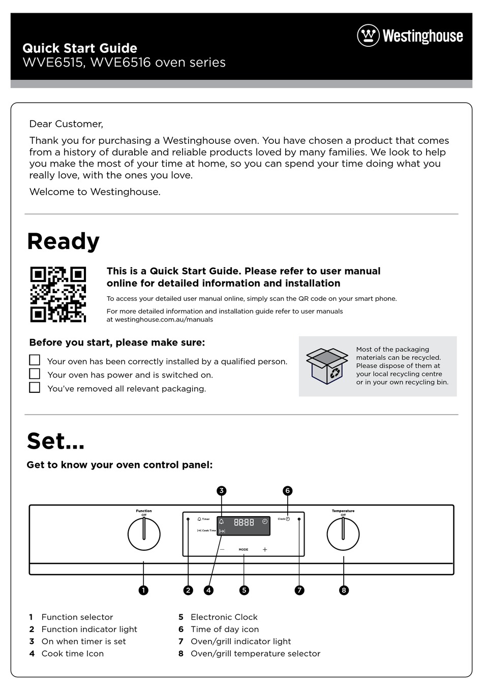 WESTINGHOUSE WVE6515 QUICK START MANUAL Pdf Download ManualsLib