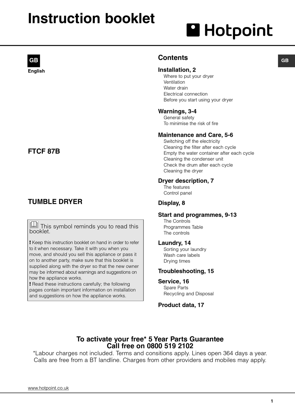 HOTPOINT FTCF 87B INSTRUCTION BOOKLET Pdf Download | ManualsLib