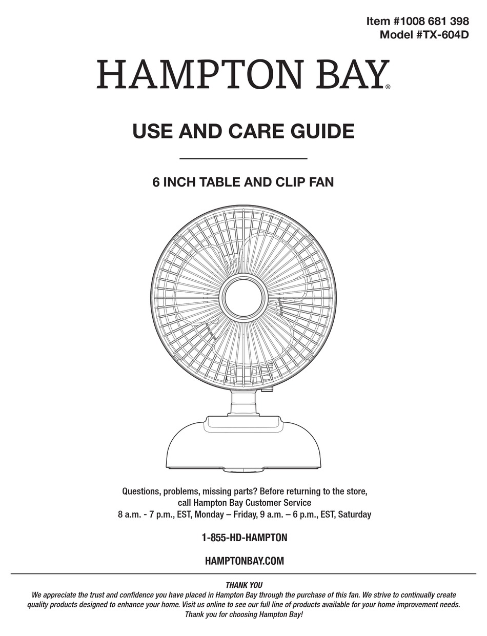HAMPTON BAY TX604D USE AND CARE MANUAL Pdf Download ManualsLib