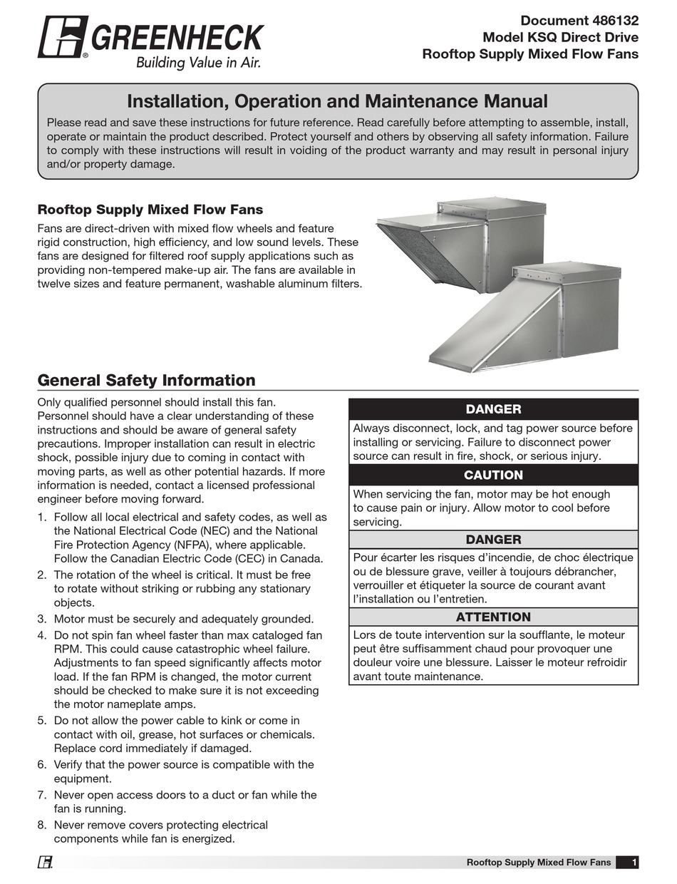 GREENHECK KSQ INSTALLATION, OPERATION AND MAINTENANCE MANUAL Pdf