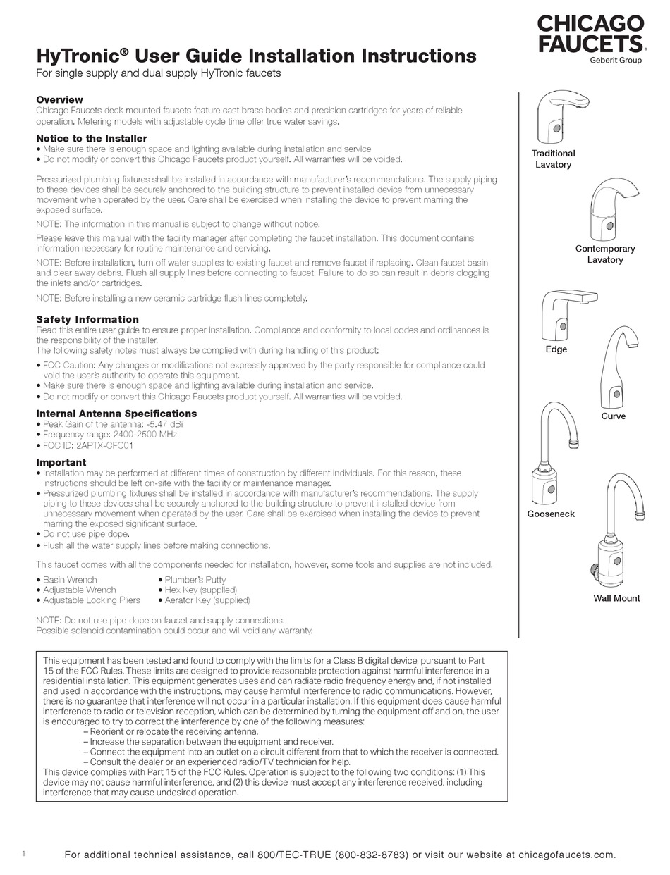 GEBERIT CHICAGO FAUCETS HYTRONIC TRADITIONAL LAVATORY USER'S MANUAL