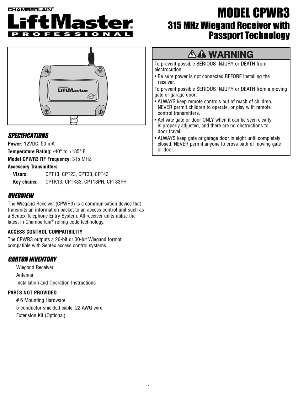 CHAMBERLAIN LIFTMASTER PROFESSIONAL CPWR3 INSTALLATION INSTRUCTIONS ...