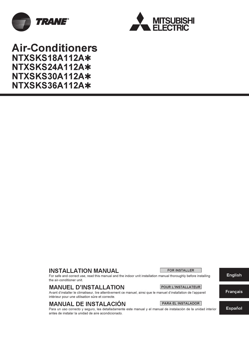TRANE MITSUBISHI ELECTRIC NTXSKS18A112A SERIES INSTALLATION MANUAL Pdf