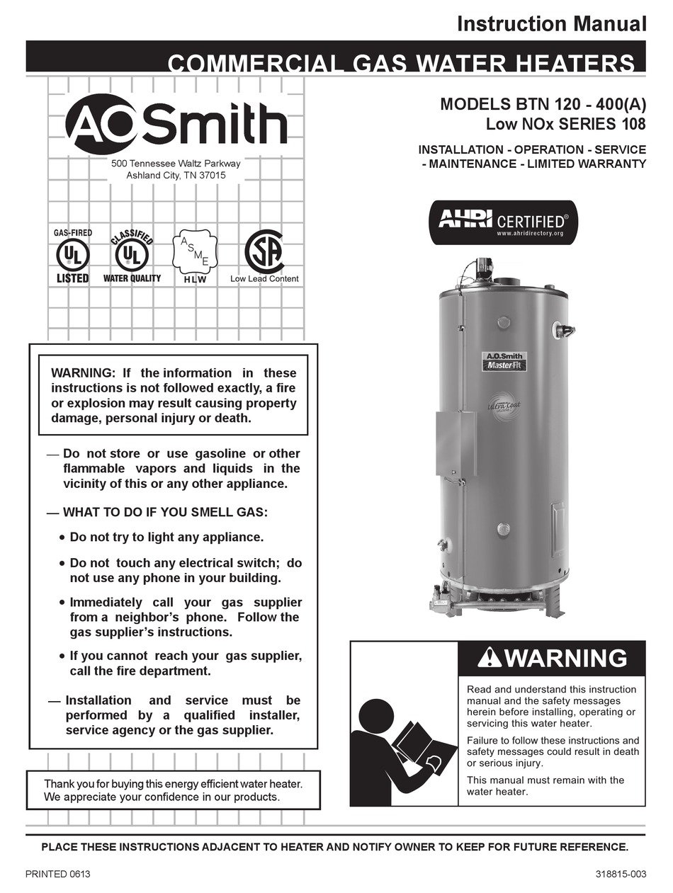 A.O. SMITH BTN120 INSTRUCTION MANUAL Pdf Download ManualsLib