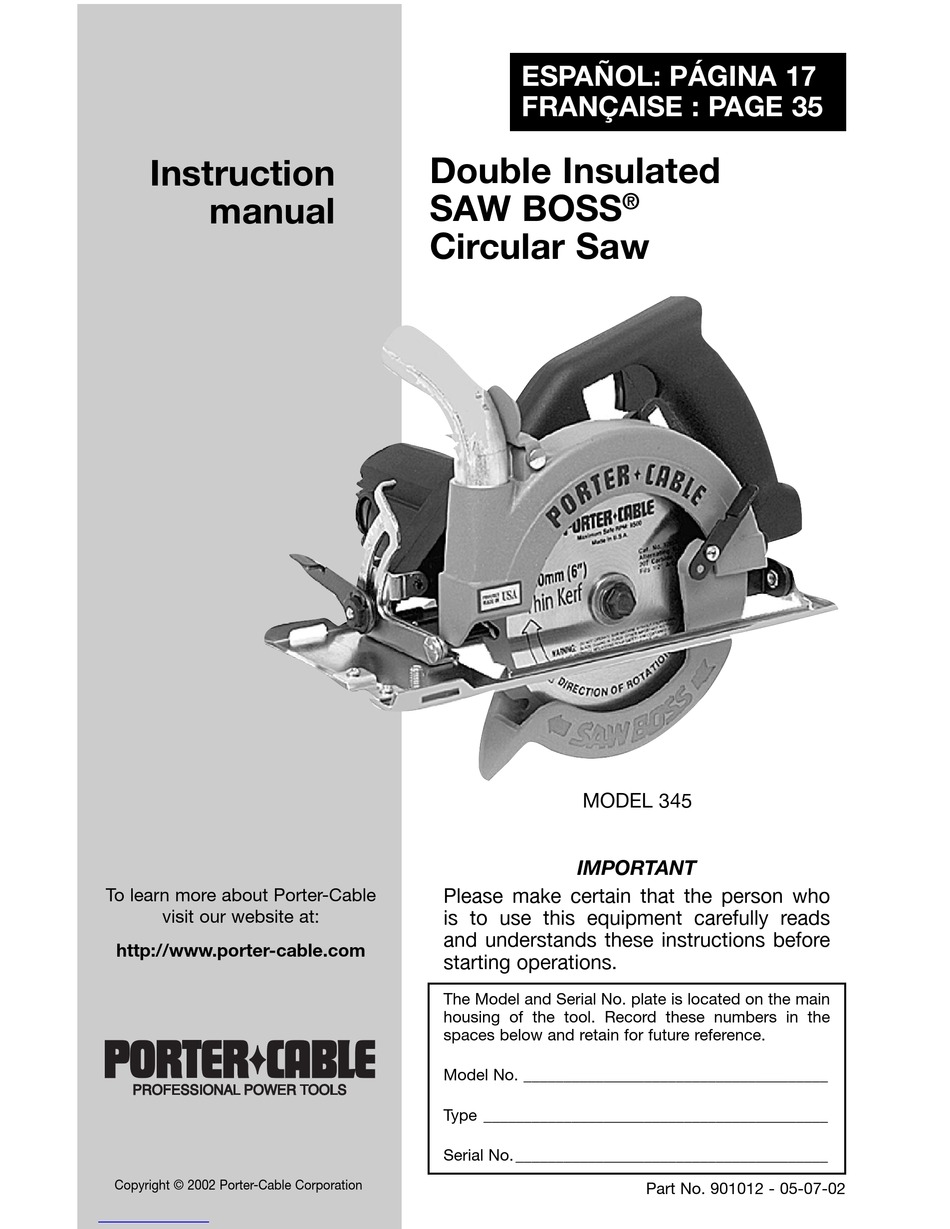 PORTER-CABLE SAW BOSS 345 INSTRUCTION MANUAL Pdf Download | ManualsLib