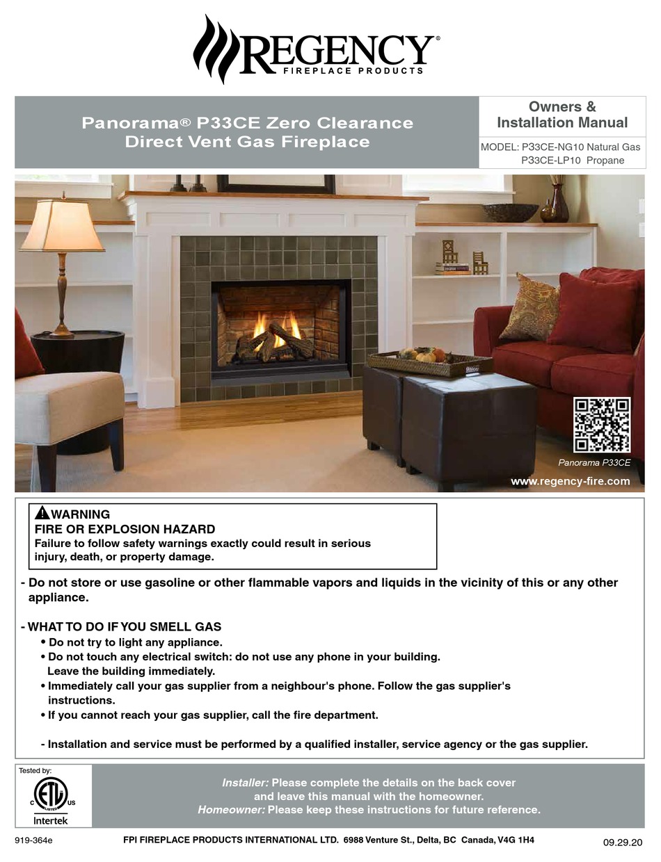 REGENCY FIREPLACE PRODUCTS PANORAMA P33CE SERIES OWNERS & INSTALLATION