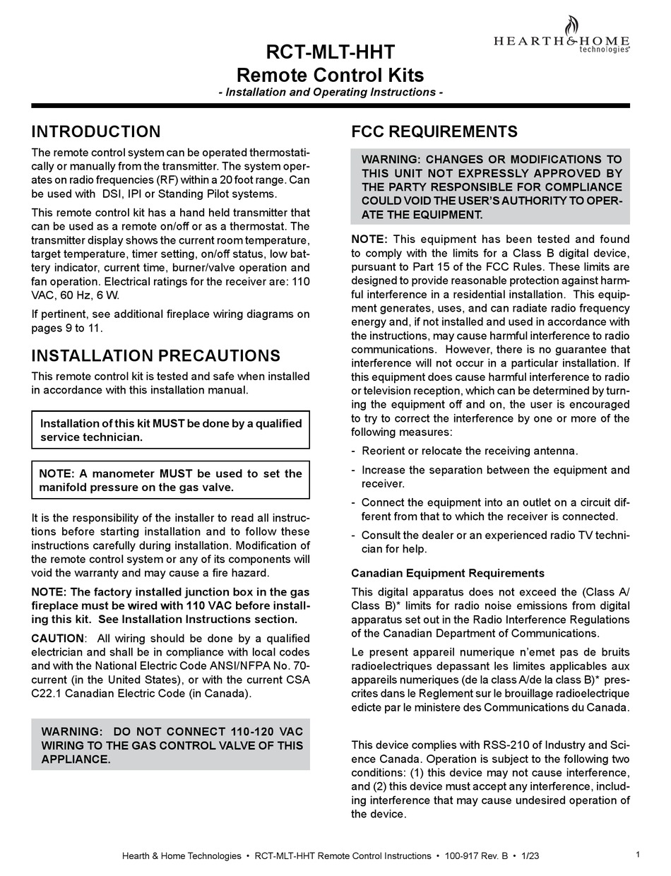 HEARTH & HOME RCTMLTHHT INSTALLATION AND OPERATING INSTRUCTIONS