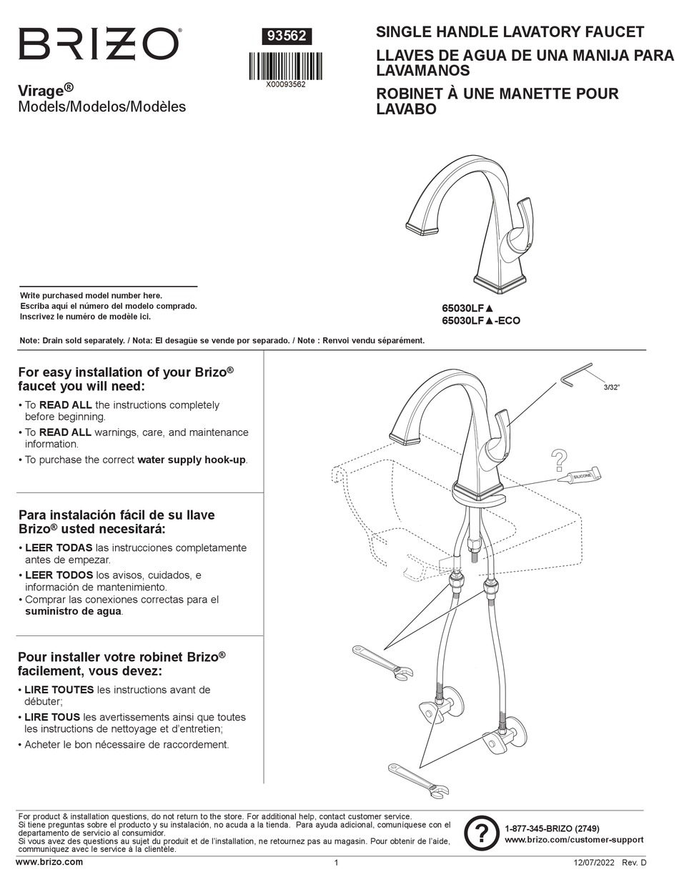 BRIZO VIRAGE 65030LF ECO SERIES INSTALLATION INSTRUCTIONS Pdf Download