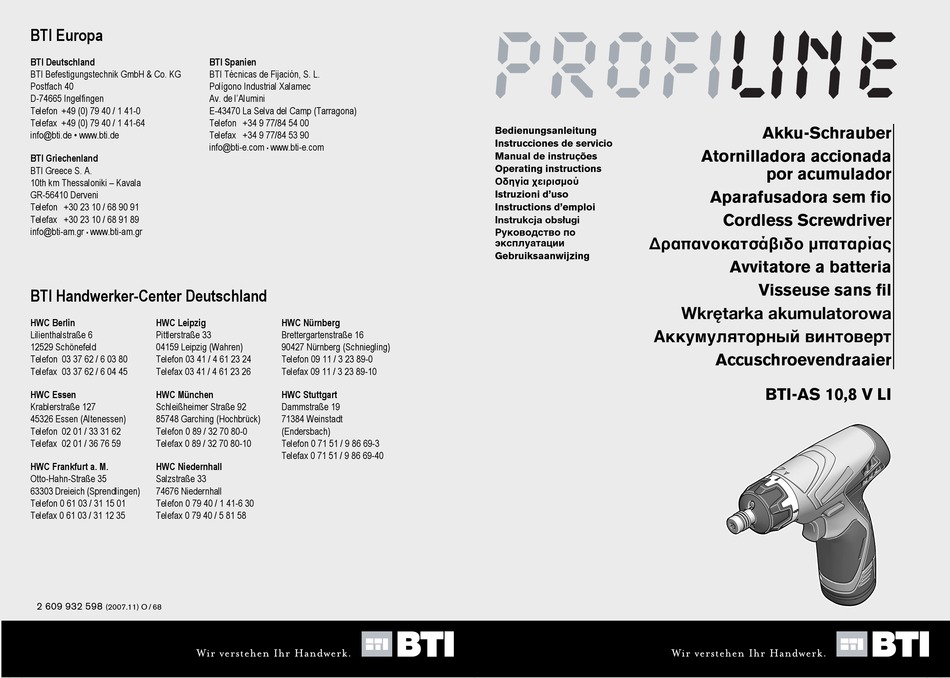 BTI PROFILINE AS 10,8 V LI OPERATING INSTRUCTIONS MANUAL Pdf Download