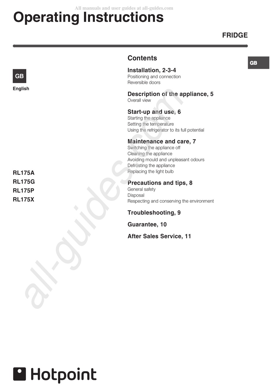 HOTPOINT RL175G OPERATING INSTRUCTIONS MANUAL Pdf Download | ManualsLib