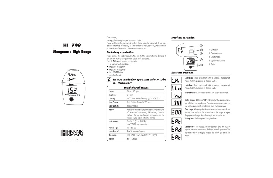 HANNA INSTRUMENTS HI 709 INSTRUCTIONS Pdf Download ManualsLib