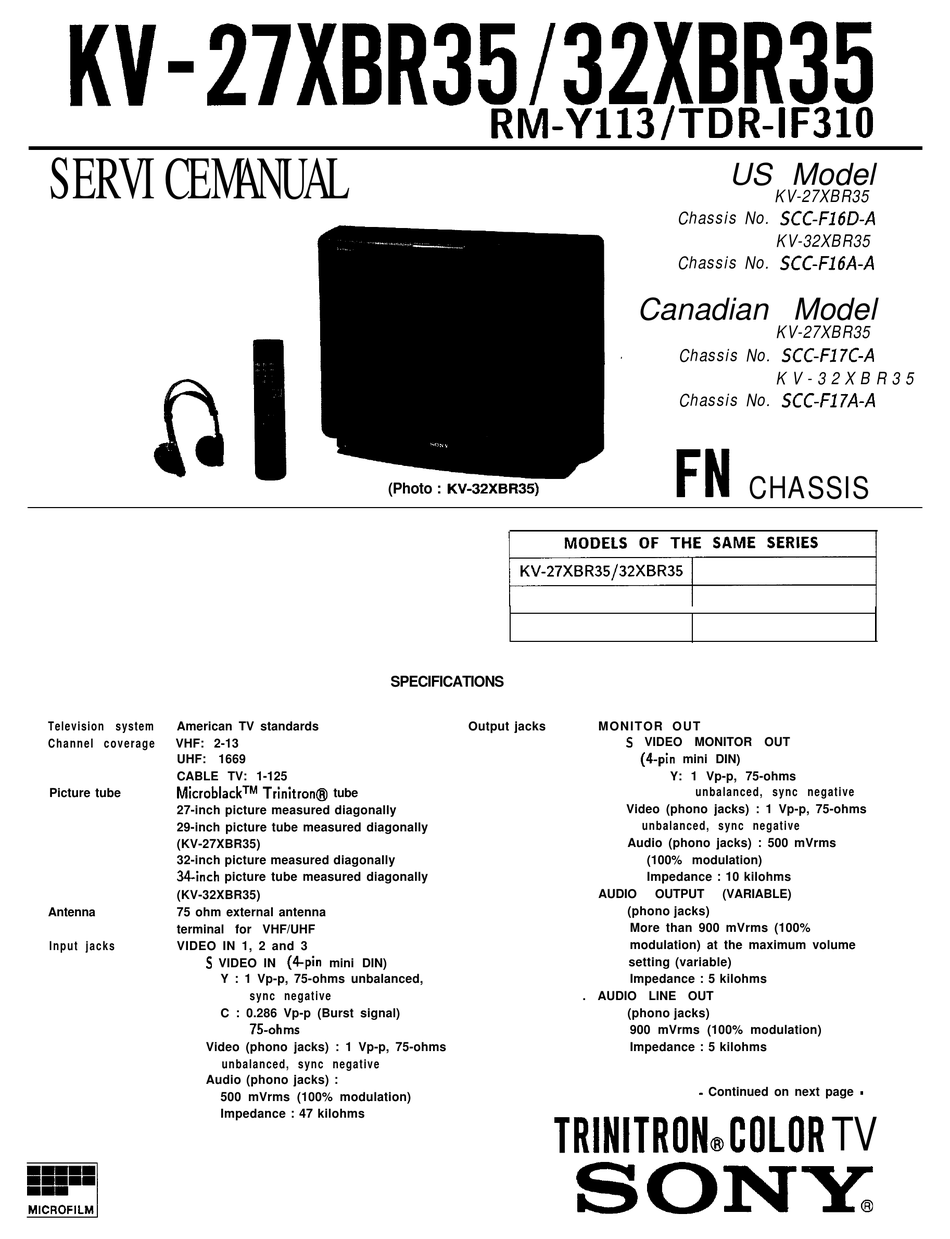 SONY TRINITRON KV-27XBR351 SERVICE MANUAL Pdf Download | ManualsLib
