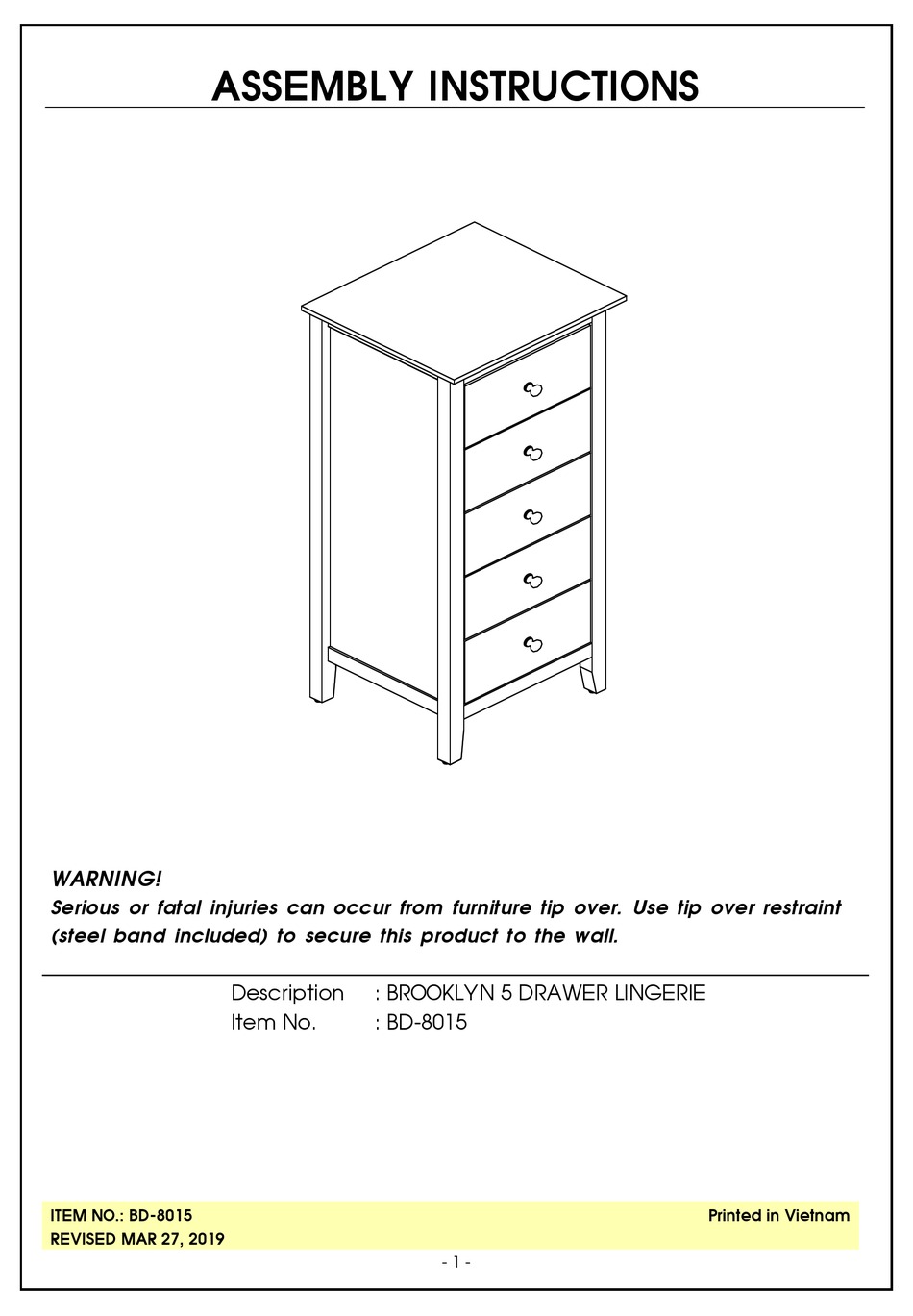 WHITEWOOD FURNITURE BROOKLYN BD8015 ASSEMBLY INSTRUCTIONS MANUAL Pdf