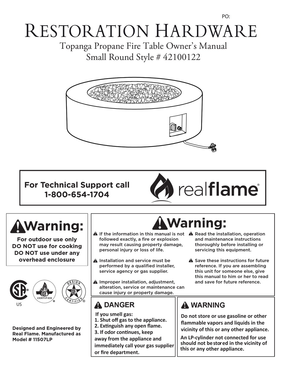 REALFLAME RESTORATION HARDWARE TOPANGA 42100122 OWNER'S MANUAL Pdf