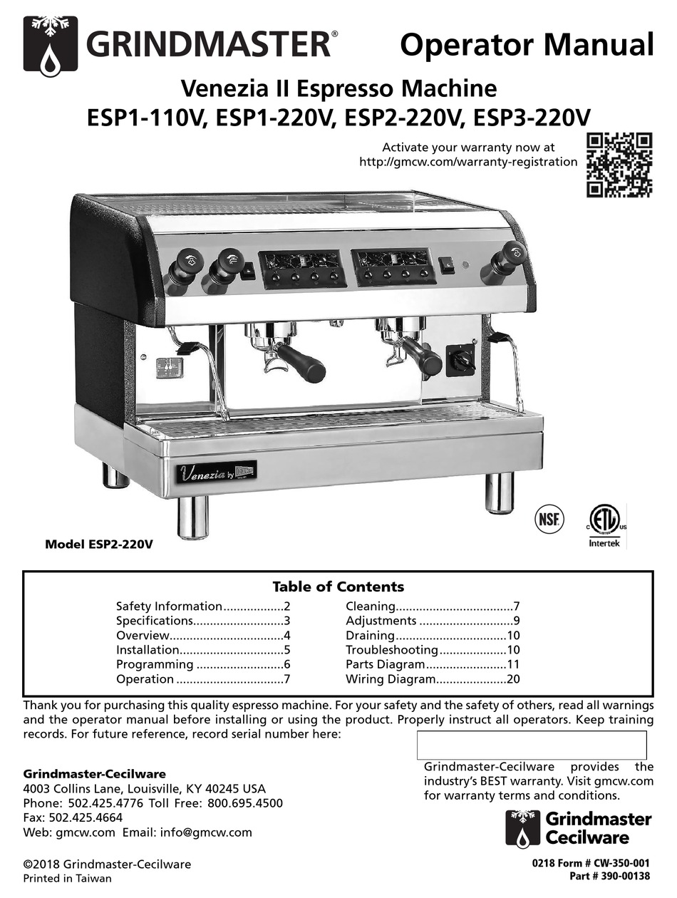GRINDMASTER VENEZIA II OPERATOR'S MANUAL Pdf Download ManualsLib