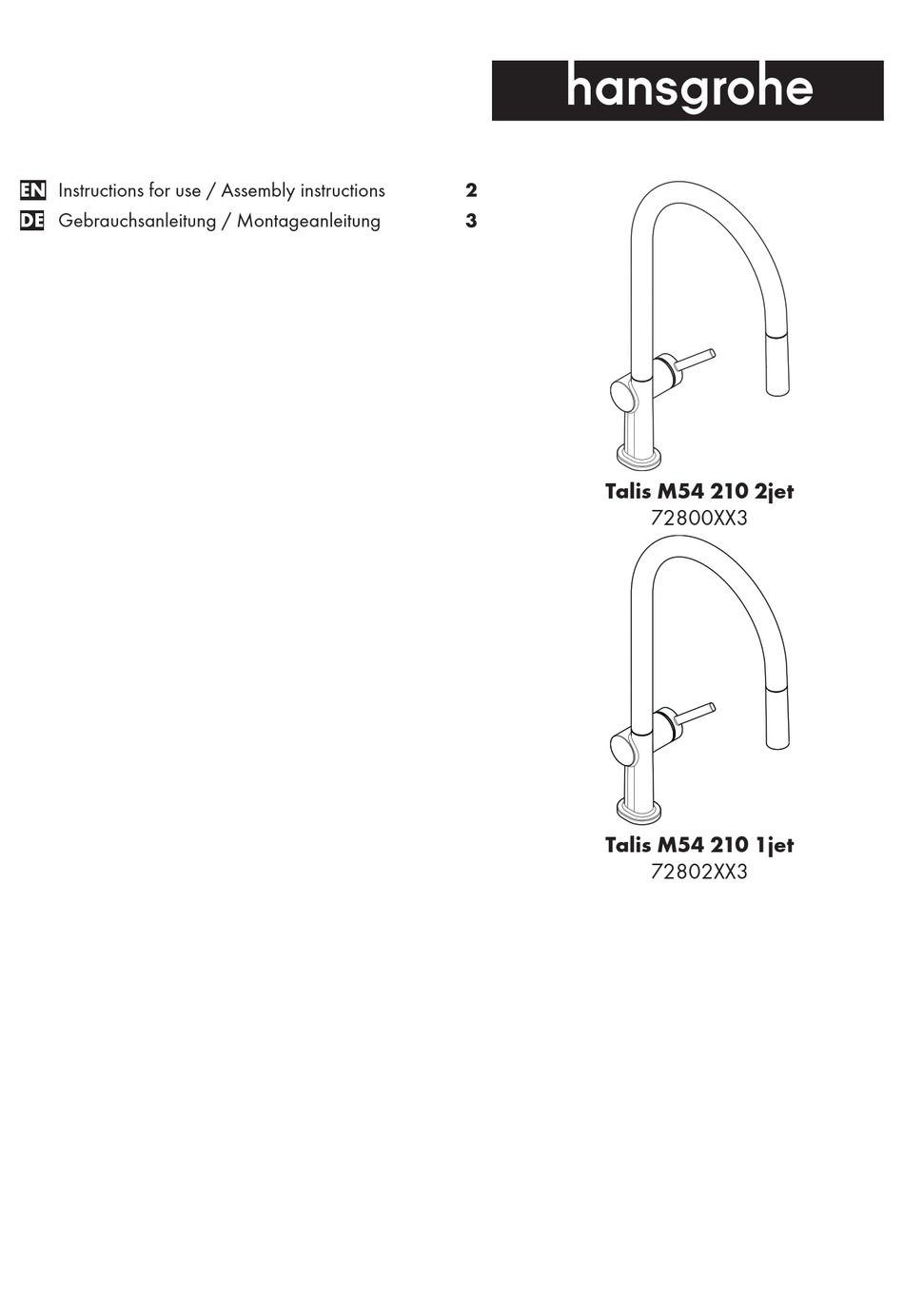 HANS GROHE TALIS M54 210 2JET 72800 3 SERIES INSTRUCTIONS FOR USE   Hans Grohe Talis M54 210 2jet 72800 3 Series 