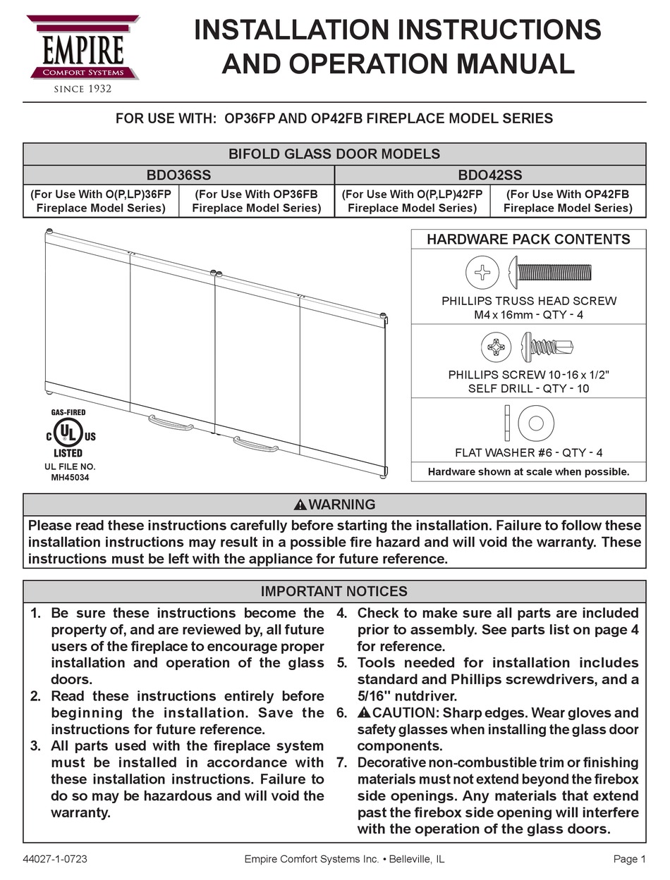 EMPIRE COMFORT SYSTEMS BDO36SS INSTALLATION INSTRUCTIONS AND OPERATION ...