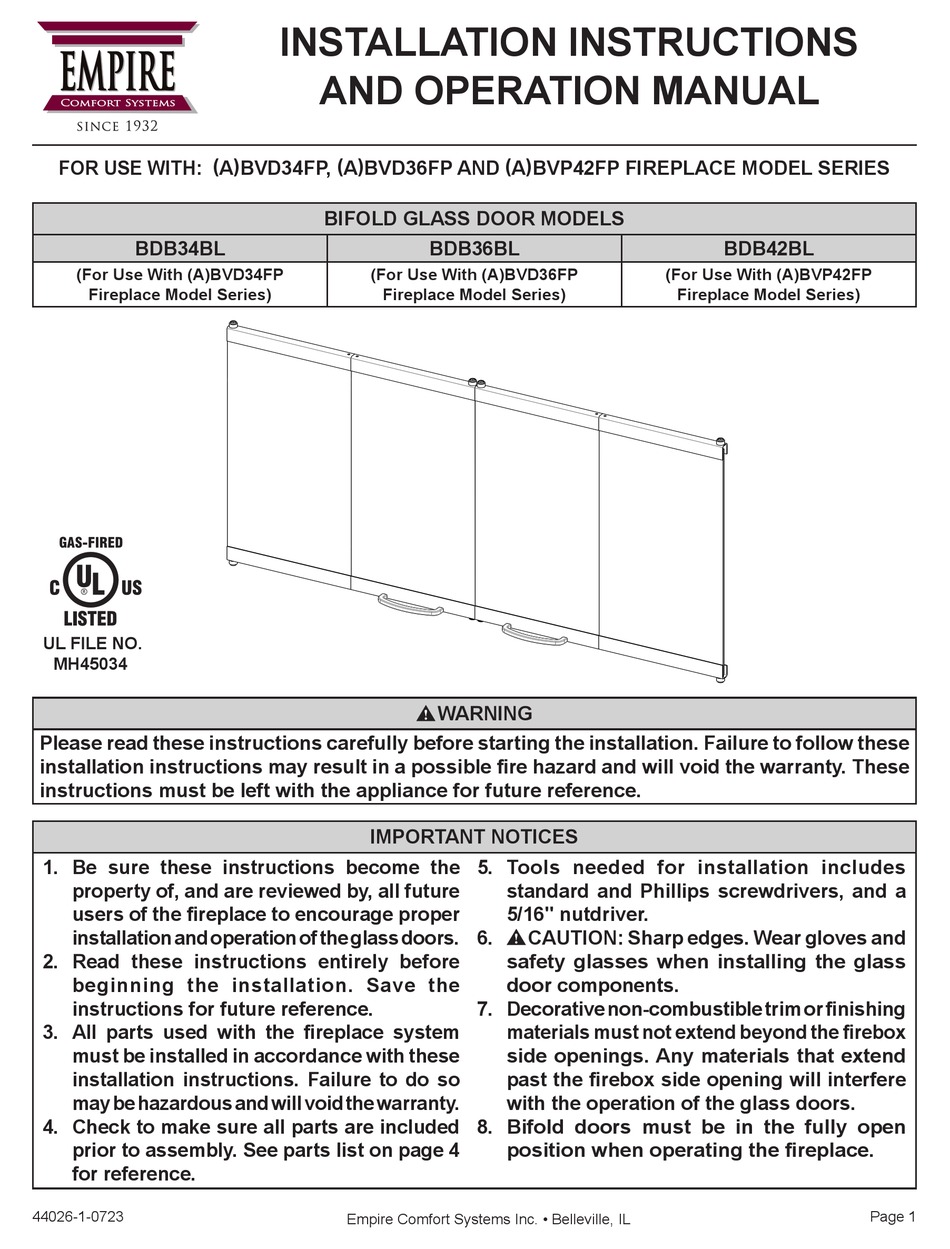 EMPIRE COMFORT SYSTEMS BDB34BL INSTALLATION INSTRUCTIONS AND OPERATION ...