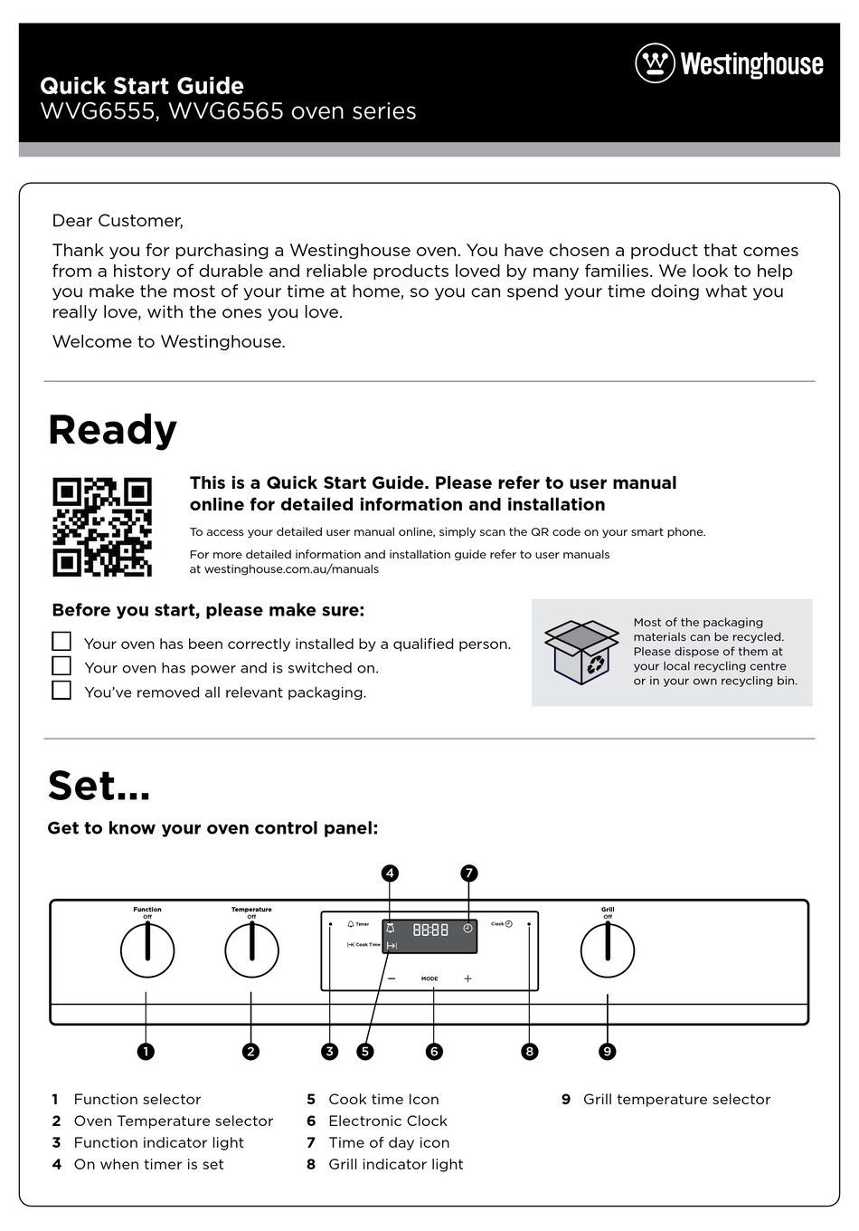 WESTINGHOUSE WVG6555 SERIES QUICK START MANUAL Pdf Download | ManualsLib