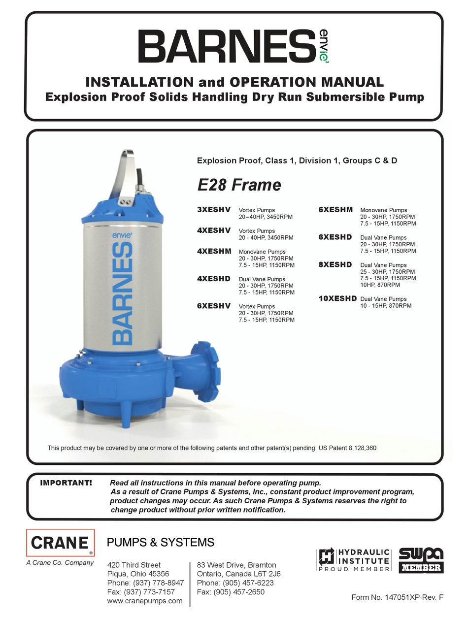 CRANE PUMPS & SYSTEMS BARNES 3XESHV INSTALLATION AND OPERATION MANUAL