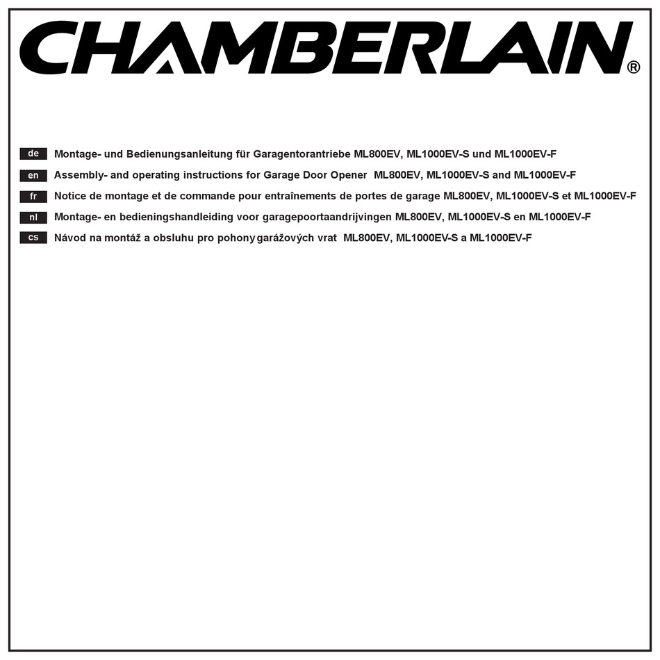 CHAMBERLAIN ML800EV ASSEMBLY AND OPERATING INSTRUCTIONS MANUAL Pdf