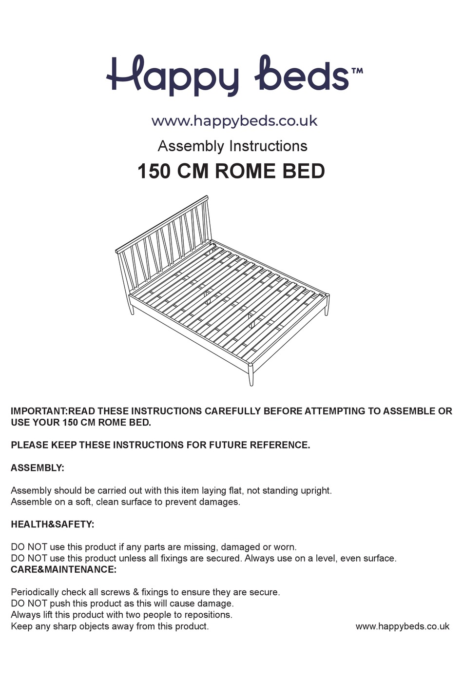 HAPPY BEDS 150 CM ROME BED ASSEMBLY INSTRUCTIONS MANUAL Pdf Download