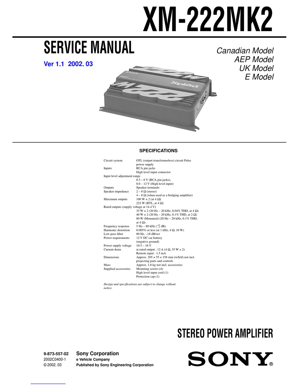 SONY XPLOD XM222MK2 SERVICE MANUAL Pdf Download ManualsLib