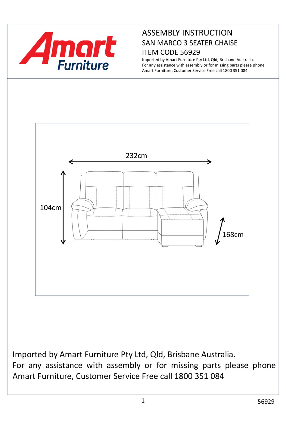 AMART FURNITURE SAN MARCO 56929 ASSEMBLY INSTRUCTION MANUAL Pdf