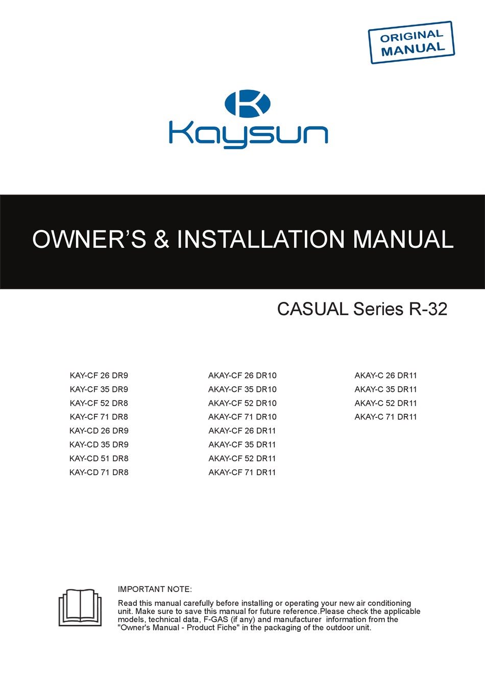FRIGICOLL KAYSUN CASUAL KAYCF 26 DR9 OWNERS & INSTALLATION MANUAL Pdf